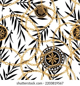 Seamless pattern decorated with precious stones, gold chains and pearls.