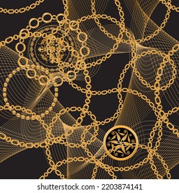 Seamless pattern decorated with precious stones, gold chains and pearls.