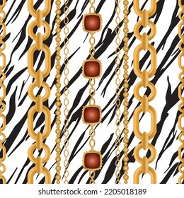 Seamless pattern decorated with precious stones, gold chains and pearls.