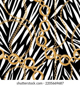 Seamless pattern decorated with precious stones, gold chains and pearls.