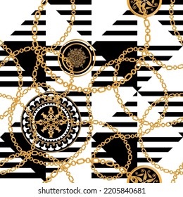 Seamless pattern decorated with precious stones, gold chains and pearls.