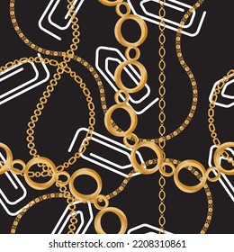 Seamless pattern decorated with precious stones, gold chains and pearls.