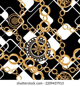 Seamless pattern decorated with precious stones, gold chains and pearls.