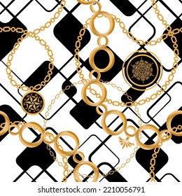Decoración sin inconfundibles decorada con piedras preciosas, cadenas de oro y perlas.