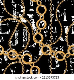 Seamless pattern decorated with precious stones, gold chains and pearls.