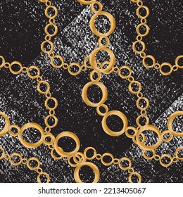 Seamless pattern decorated with precious stones, gold chains and pearls.