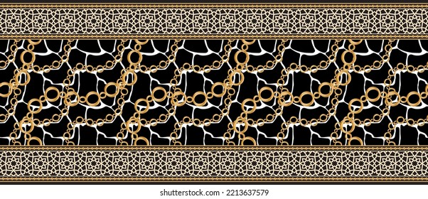 Decoración sin inconfundibles decorada con piedras preciosas, cadenas de oro y perlas.