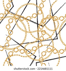 Seamless pattern decorated with precious stones, gold chains and pearls.