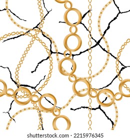 Seamless pattern decorated with precious stones, gold chains and pearls.