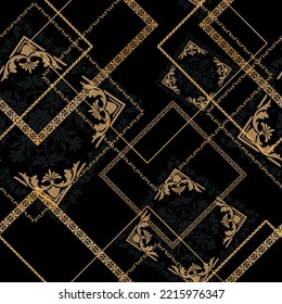 Seamless pattern decorated with precious stones, gold chains and pearls.