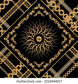 Seamless pattern decorated with precious stones, gold chains and pearls.