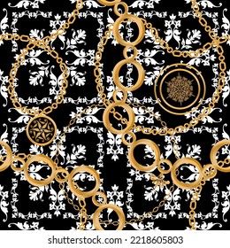 Seamless pattern decorated with precious stones, gold chains and pearls.