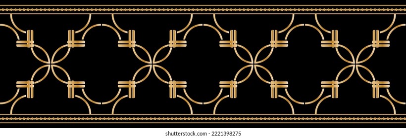 Seamless pattern decorated with precious stones, gold chains and pearls.