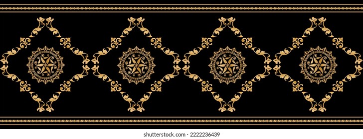 Seamless pattern decorated with precious stones, gold chains and pearls.