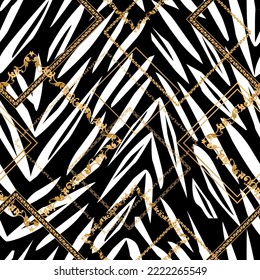 Seamless pattern decorated with precious stones, gold chains and pearls.