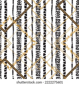 Seamless pattern decorated with precious stones, gold chains and pearls.