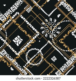 Seamless pattern decorated with precious stones, gold chains and pearls.