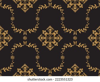 Seamless pattern decorated with precious stones, gold chains and pearls.