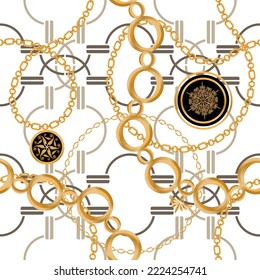 Seamless pattern decorated with precious stones, gold chains and pearls.
