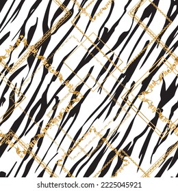 Seamless pattern decorated with precious stones, gold chains and pearls.