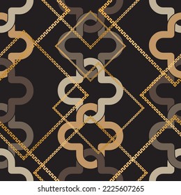 Seamless pattern decorated with precious stones, gold chains and pearls.