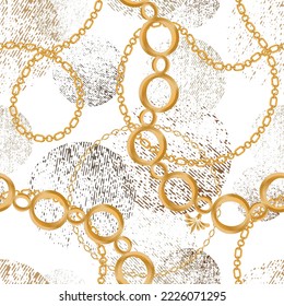 Seamless pattern decorated with precious stones, gold chains and pearls.