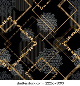 Seamless pattern decorated with precious stones, gold chains and pearls.