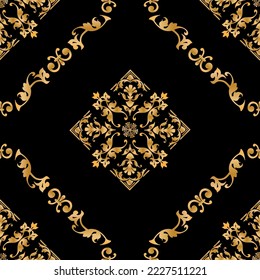 Seamless pattern decorated with precious stones, gold chains and pearls.