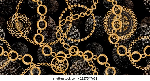 Seamless pattern decorated with precious stones, gold chains and pearls.