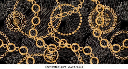 Decoración sin inconfundibles decorada con piedras preciosas, cadenas de oro y perlas.