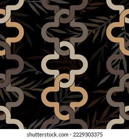 Seamless pattern decorated with precious stones, gold chains and pearls.