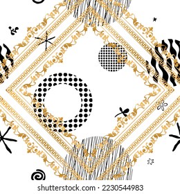 Seamless pattern decorated with precious stones, gold chains and pearls.
