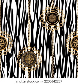 Seamless pattern decorated with precious stones, gold chains and pearls.