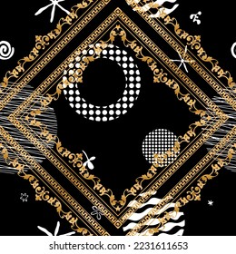 Seamless pattern decorated with precious stones, gold chains and pearls.