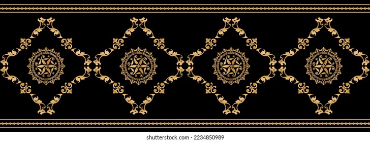 Seamless pattern decorated with precious stones, gold chains and pearls.