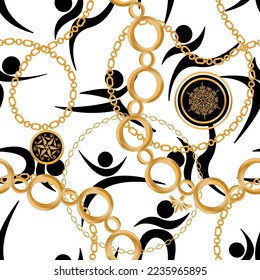 Seamless pattern decorated with precious stones, gold chains and pearls.