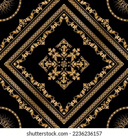 Seamless pattern decorated with precious stones, gold chains and pearls.