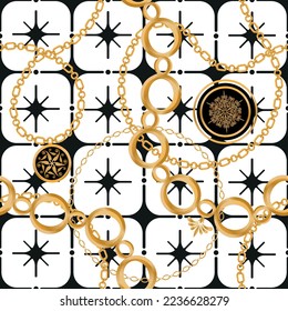 Seamless pattern decorated with precious stones, gold chains and pearls.