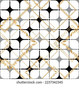 Seamless pattern decorated with precious stones, gold chains and pearls.