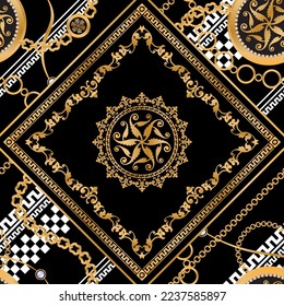 Seamless pattern decorated with precious stones, gold chains and pearls.