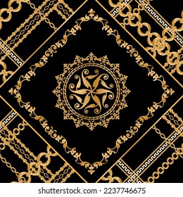 Seamless pattern decorated with precious stones, gold chains and pearls.