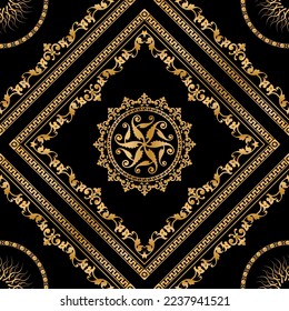 Seamless pattern decorated with precious stones, gold chains and pearls.