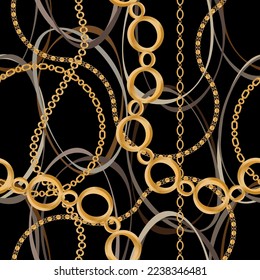 Seamless pattern decorated with precious stones, gold chains and pearls.