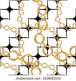 Seamless pattern decorated with precious stones, gold chains and pearls.