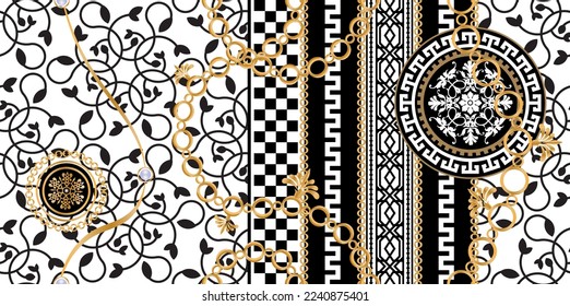 Seamless pattern decorated with precious stones, gold chains and pearls.