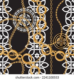 Seamless pattern decorated with precious stones, gold chains and pearls.