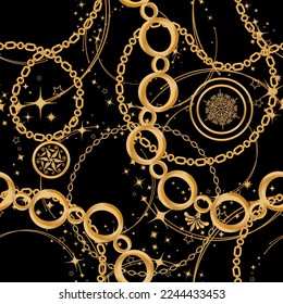 Seamless pattern decorated with precious stones, gold chains and pearls.