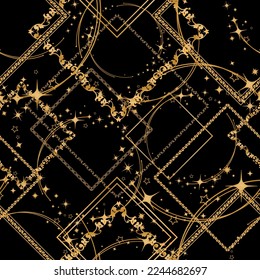 Seamless pattern decorated with precious stones, gold chains and pearls.