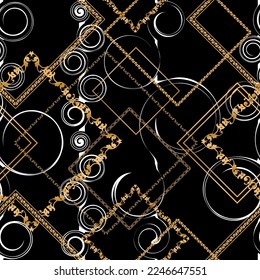 Seamless pattern decorated with precious stones, gold chains and pearls.