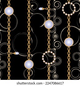Seamless pattern decorated with precious stones, gold chains and pearls.